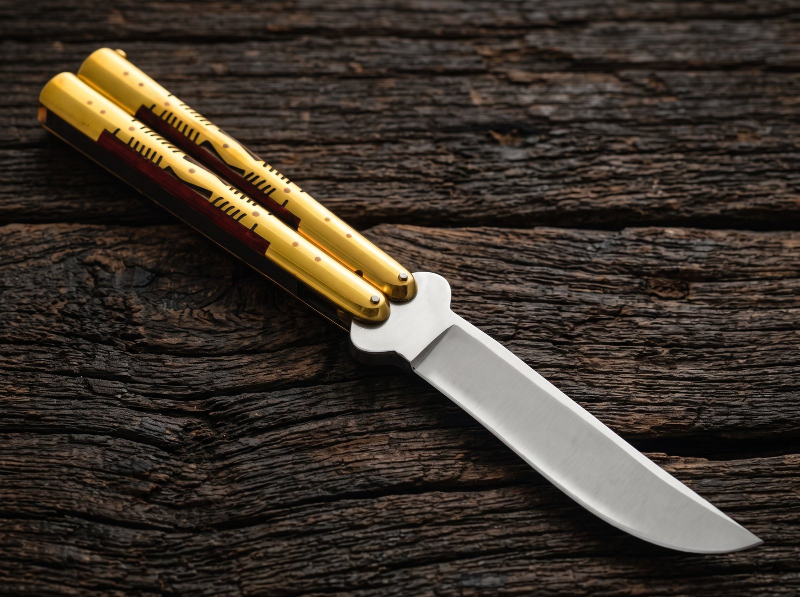 1 Bear Handmade 440C Stainless Steel Original Filipino Balisong Butterfly Knife with Brass and Kamagong Wood Handle | 24cm EDC Flipper Gift for Him | BF-13 - Image 1