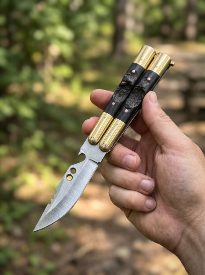 Asian Palm Civet Handmade 440C Stainless Steel Original Filipino Balisong Butterfly Knife with Brass and Carabao Horn Handle