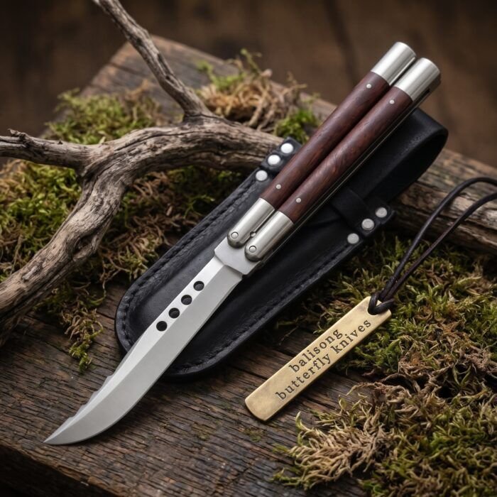 Aurochs balisong butterfly knife shown with its leather sheath, second view