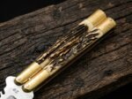 Close up of the Banded Sugar Ant balisong butterfly knife handle