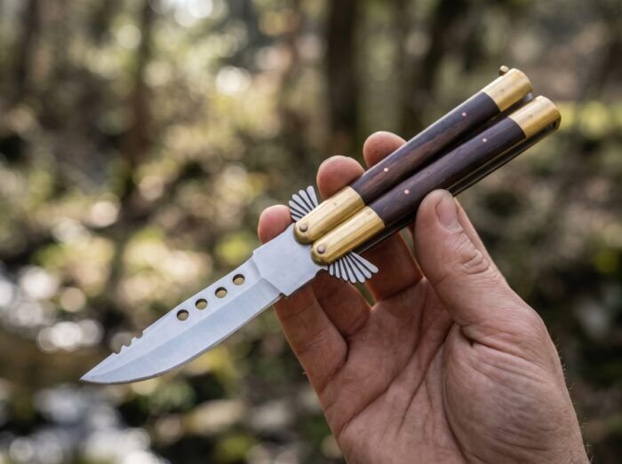 Barb balisong butterfly knife held in hand