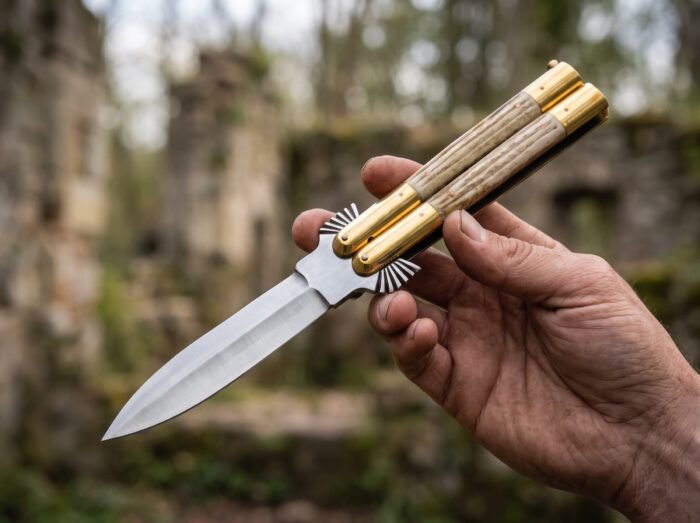 Bird balisong butterfly knife held in hand