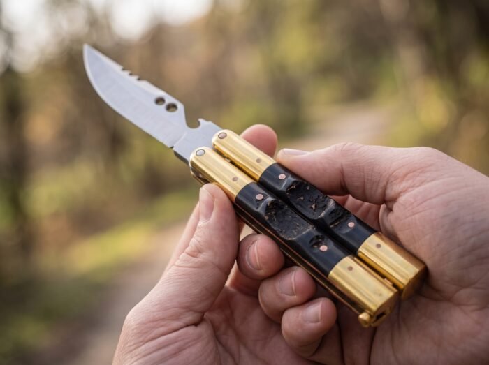 Asian Palm Civet Handmade 440C Stainless Steel Original Filipino Balisong Butterfly Knife with Brass and Carabao Horn Handle