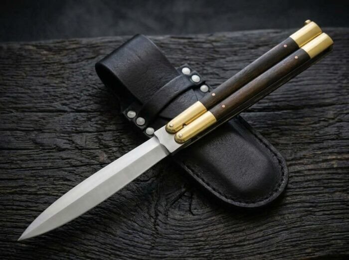 Donkey balisong butterfly knife shown with its leather sheath
