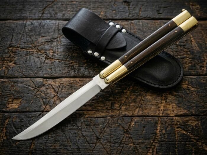 Dragonfly balisong butterfly knife shown with its leather sheath