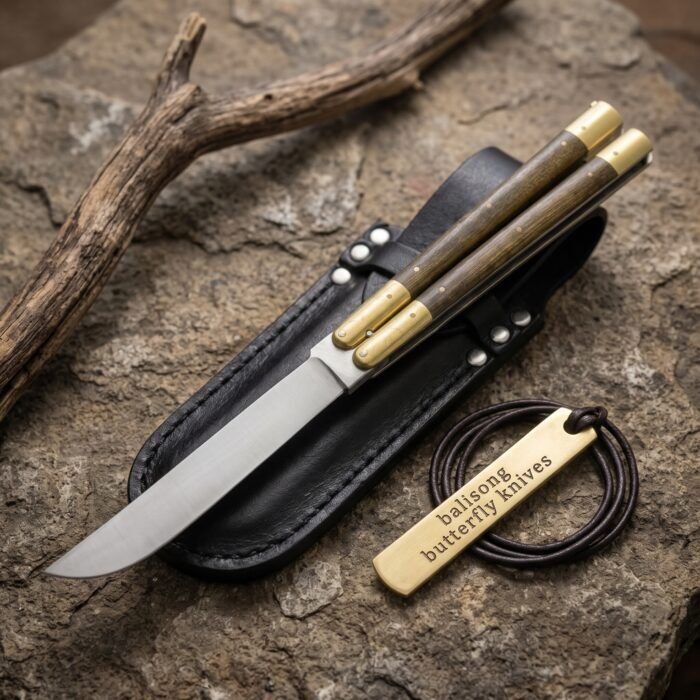 Eagle balisong butterfly knife shown with its leather sheath, second view