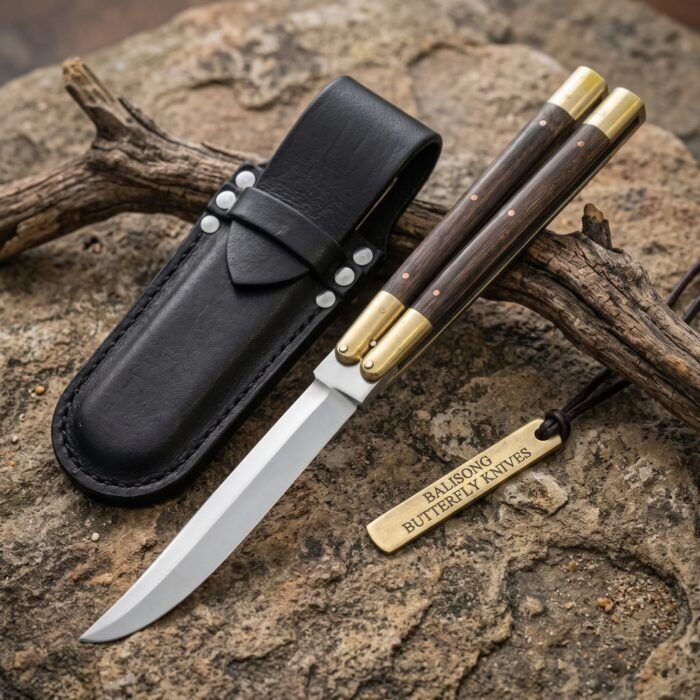 Earwig balisong butterfly knife shown with its leather sheath, second view