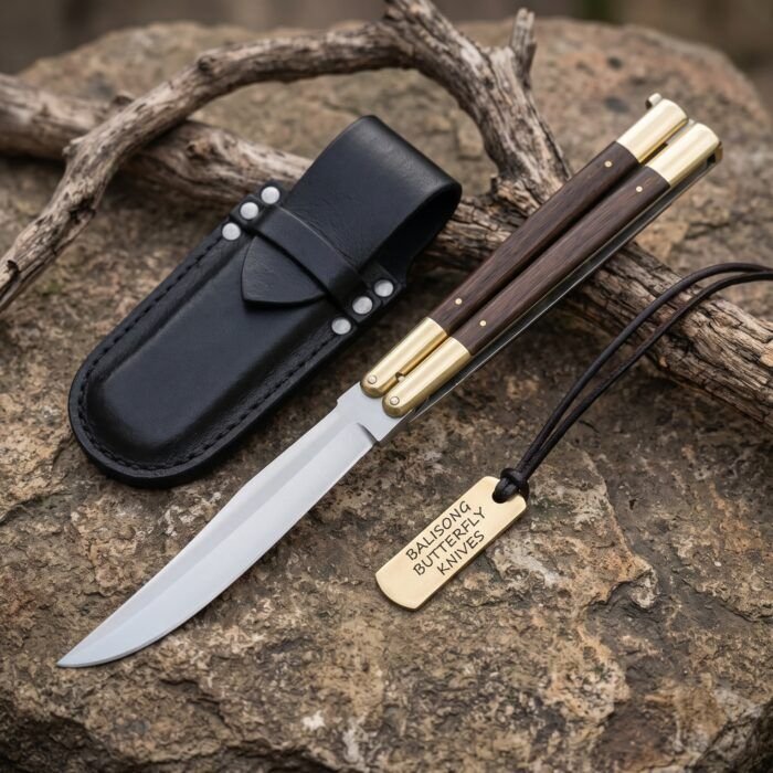 Eel balisong butterfly knife shown with its leather sheath, third view