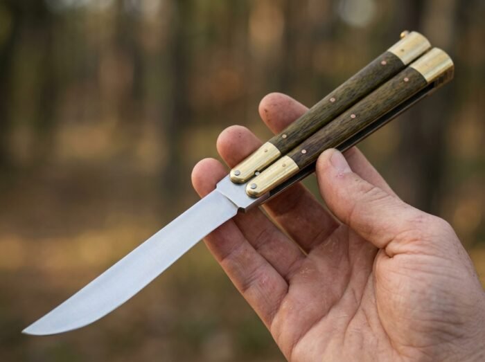 Fire-Bellied Toad balisong butterfly knife held in hand