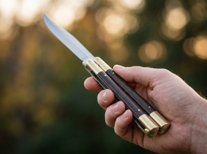 Flying Squirrel balisong butterfly knife held in hand