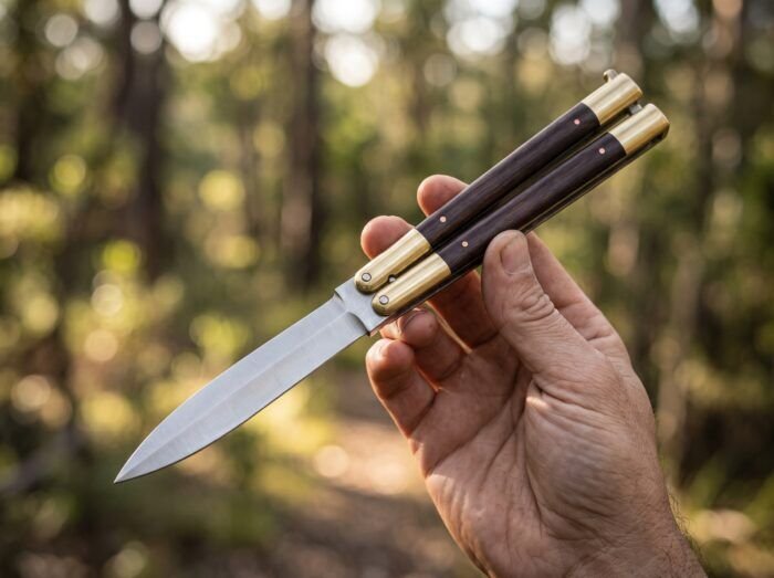 Frog balisong butterfly knife held in hand, second view