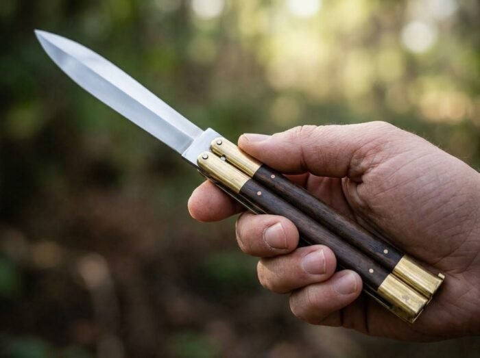 Goat balisong butterfly knife held in hand