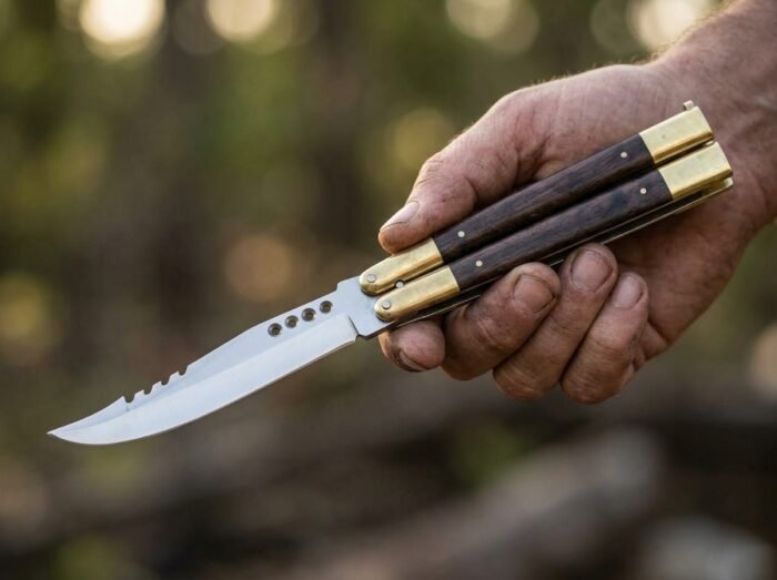 Green Bee-Eater balisong butterfly knife held in hand