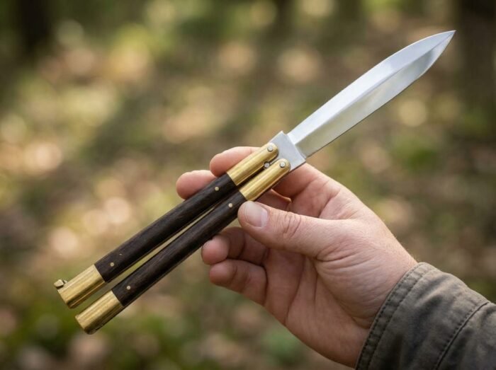 Honey Bee balisong butterfly knife held in hand