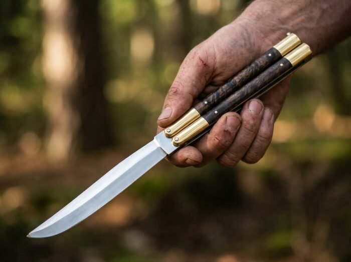 Hoopoe balisong butterfly knife held in hand