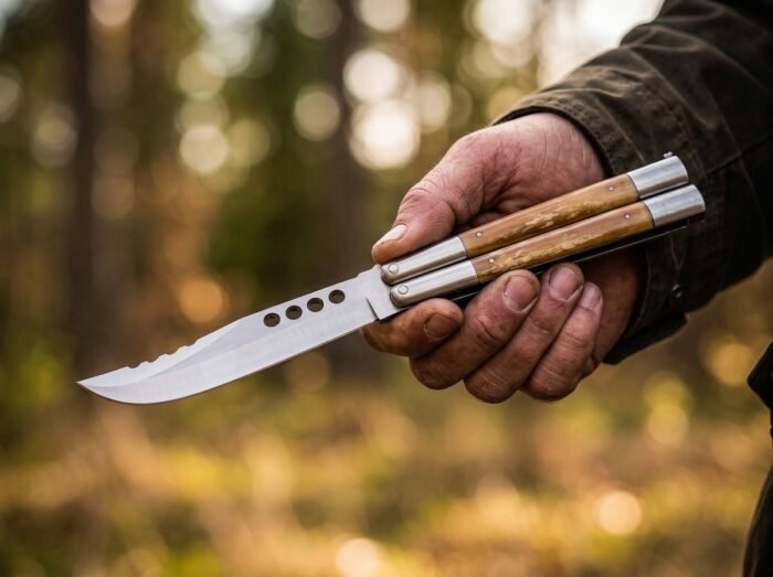 Insect balisong butterfly knife held in hand
