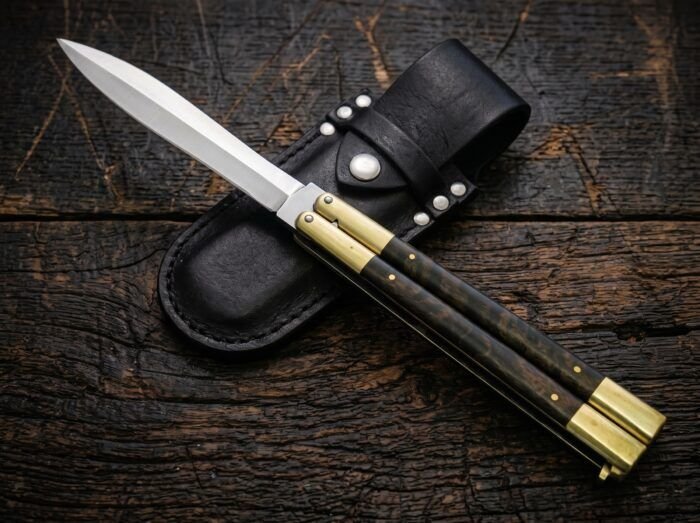 Kingfisher balisong butterfly knife shown with its leather sheath