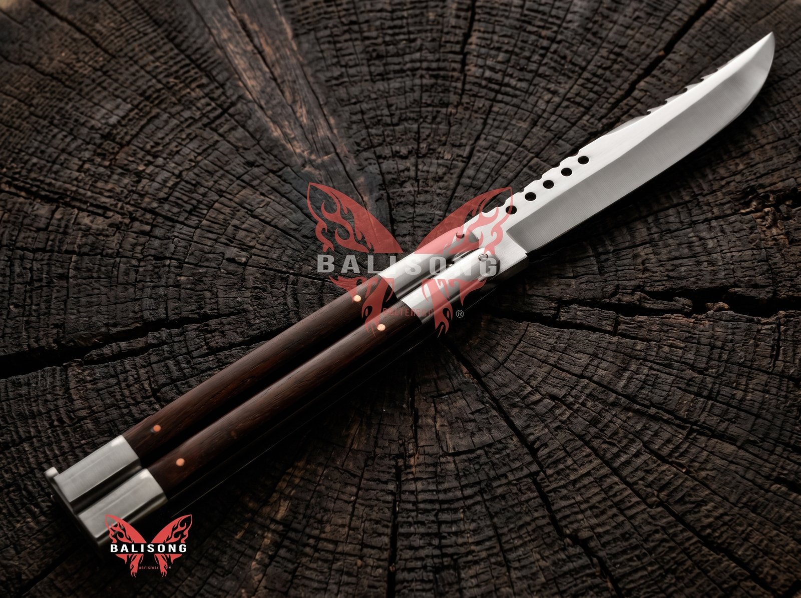 knifenangle Common Buzzard Handmade VG10 Super Steel Original Filipino Balisong Butterfly Knife with Stainless Steel and Kamagong Wood Handle | 24cm Lightweight Flipper Gift | BF-26 - Image 1