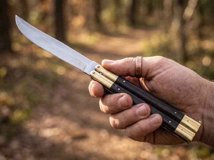 Lizard balisong butterfly knife held in hand
