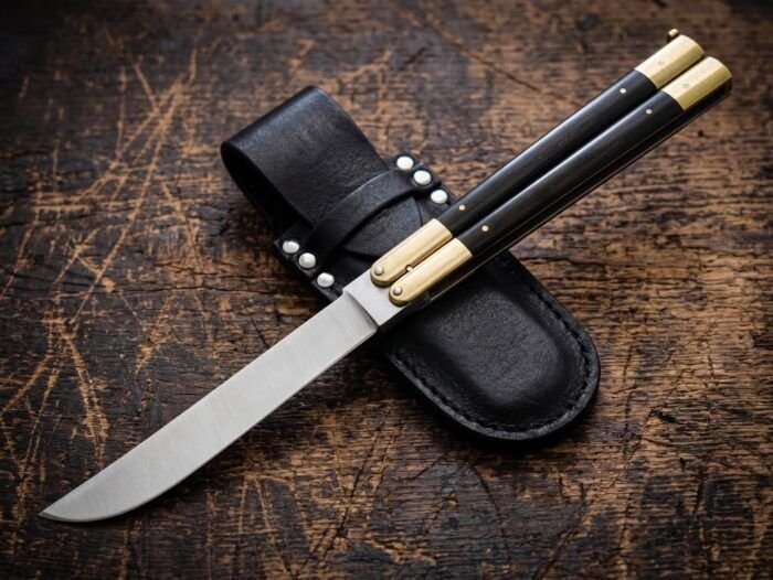 Magpie balisong butterfly knife shown with its leather sheath