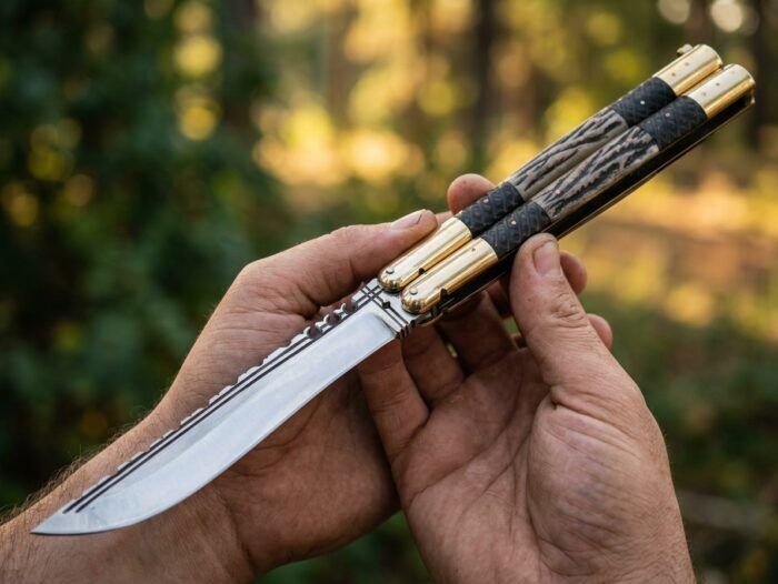 Mole Handmade D2 Tool Steel Original Filipino Balisong Butterfly Knife with Brass, Carabao Horn and Jigged Bone Handle