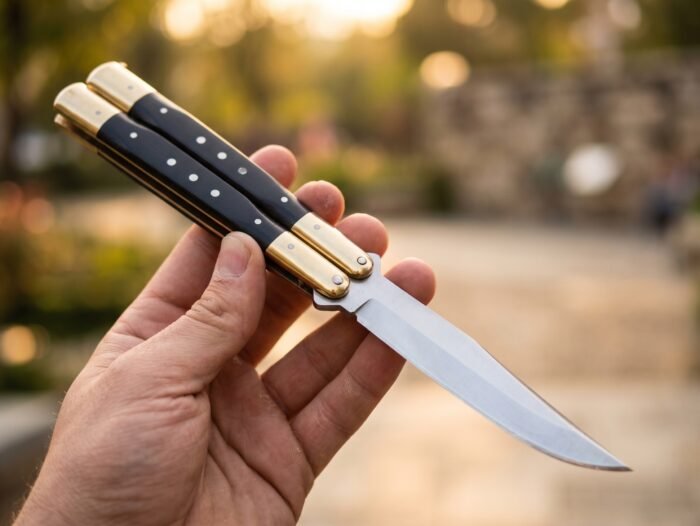 Parrot balisong butterfly knife held in hand