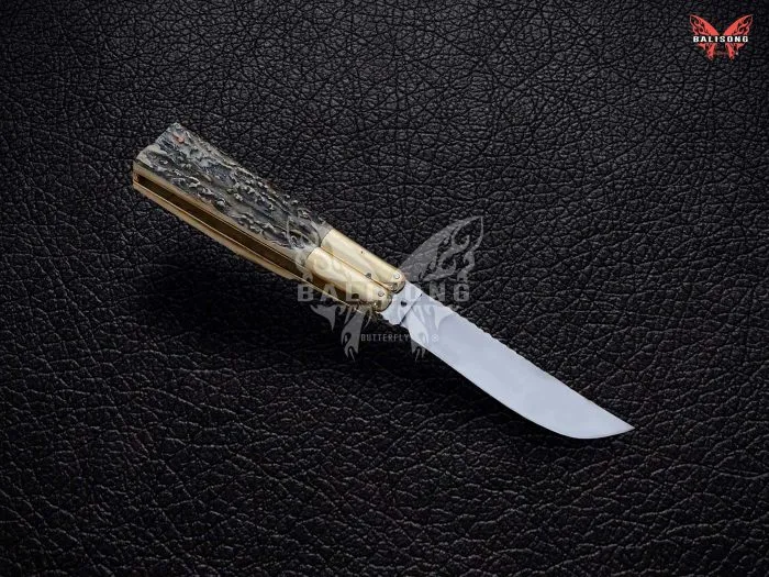 BF-122 Philippine Visayan D2 Steel Blade Butterfly Balisong Knife USA Made Gift For Him With Stag Horn Handle - view 2