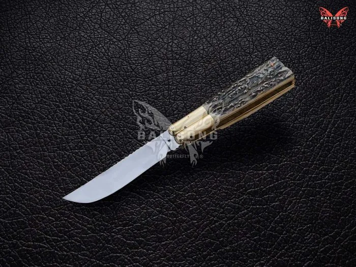 BF-122 Philippine Visayan D2 Steel Blade Butterfly Balisong Knife USA Made Gift For Him With Stag Horn Handle