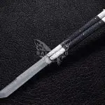 BF-129 Filipino Traditional Series Damascus Steel Beautiful Tanto Blade Butterfly Balisong Knife USA Made With Stag Horn Handle