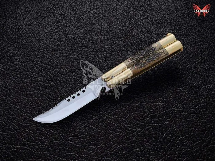 BF-121 Philippine Visayan D2 Steel Blade Butterfly Balisong Knife USA Made Gift For Him With Stag Horn Handle