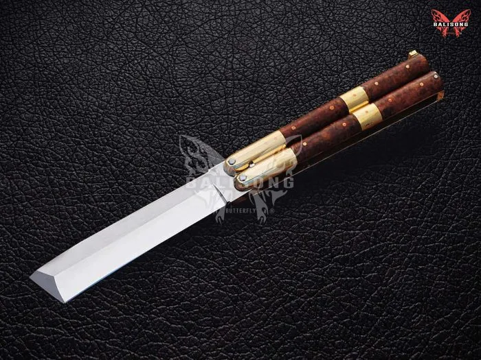 BF-100 Filipino Traditional Series D2 Steel Beautiful Tanto Blade Butterfly Balisong Knife USA Made With Rose Wood Handle