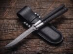 Ilog balisong butterfly knife shown with its leather sheath