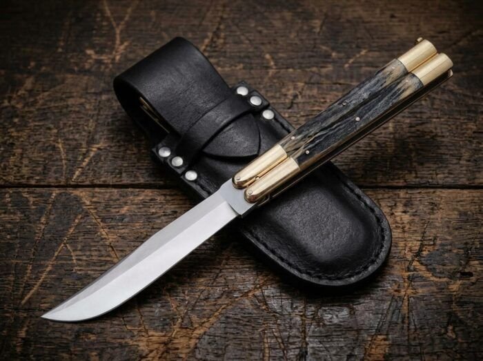 Sungay balisong butterfly knife shown with its leather sheath
