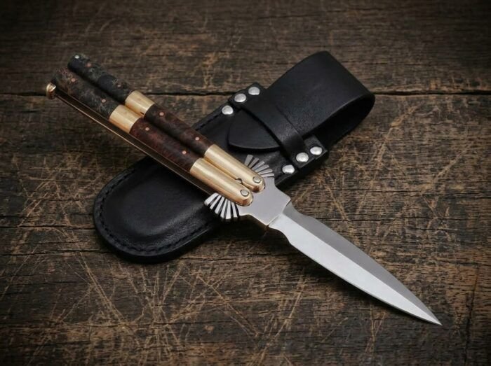 Tagani balisong butterfly knife shown with its leather sheath