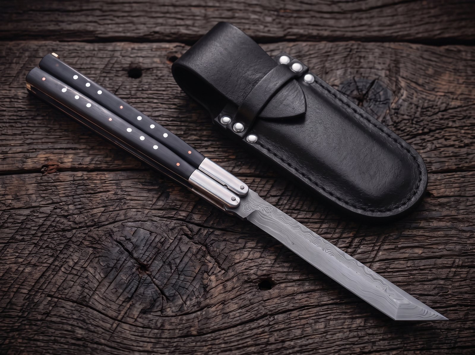 with leather sheath Philippine Visayan Damascus Steel Blade Butterfly Balisong Knife USA Made Gift For Him With Beautiful Handle BF-124 - Image 1