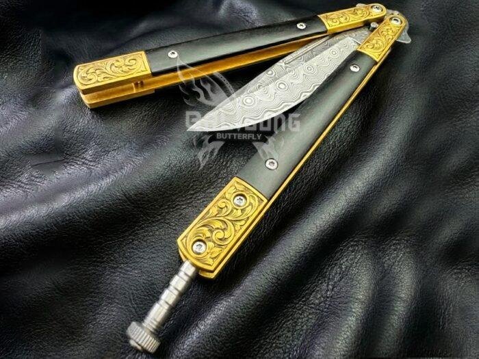 Handmade Damascus Steel Balisong Knife| Micarta & Brase Engraved Bolsters Handle | Premium Butterfly Knife with Leather Sheath BF-148