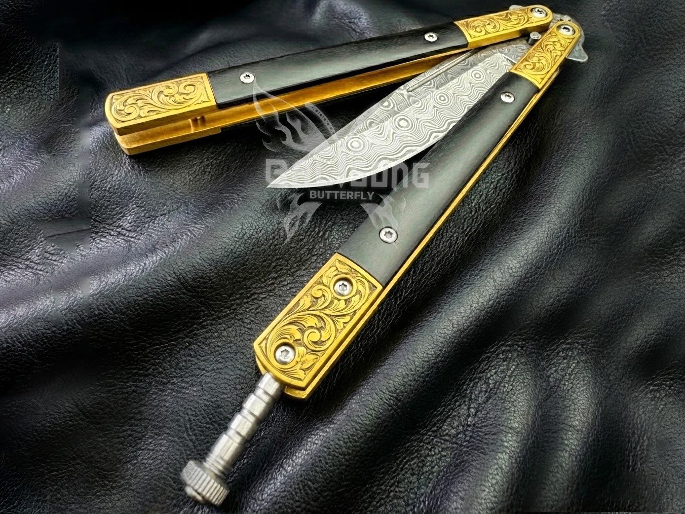 Handmade Damascus Steel Balisong Knife| Micarta & Brase Engraved Bolsters Handle | Premium Butterfly Knife with Leather Sheath BF-148