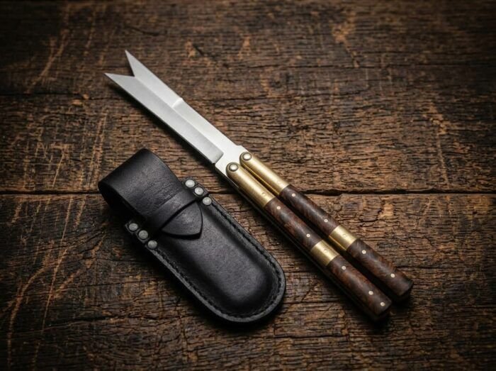 Anahaw balisong butterfly knife shown with its leather sheath
