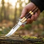 Handmade D2 Steel Balisong Knife with Eagle Shape Blade | Rosewood & Brass Bolsters Handle | Premium Butterfly Knife with Leather Sheath BF-133