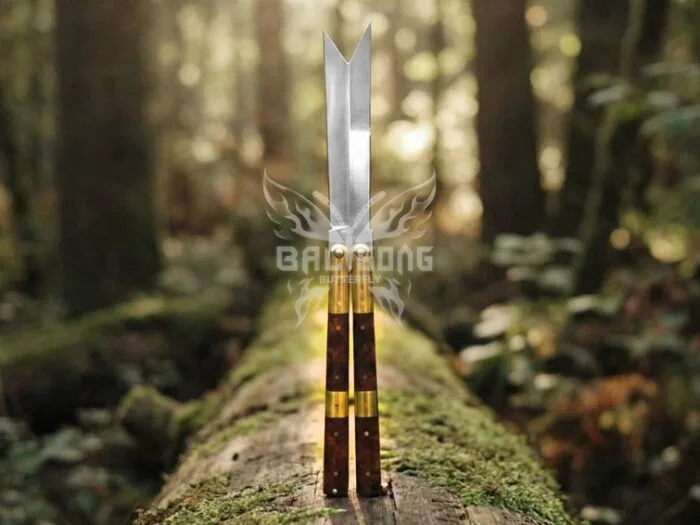 Handmade D2 Steel Balisong Knife with Rosewood & Brass Bolsters Handle, Custom Butterfly Knife with Leather Sheath BF...