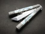 Handmade D2 Steel Balisong Tanto Blade Knife| Mother of Pearl & Steel Engraved Bolsters Handle | Premium Butterfly Knife with Leather Sheath BF-141 - Image 2