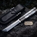 Perlas Handmade D2 Steel Balisong Tanto Blade Knife| Mother of Pearl & Steel Engraved Bolsters Handle | Premium Butterfly Knife with Leather Sheath BF-141