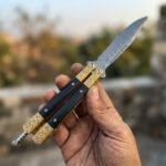 Ginto Handmade Damascus Steel Balisong Knife| Micarta & Brass Engraved Bolsters Handle | Premium Butterfly Knife with Leather Sheath BF-148