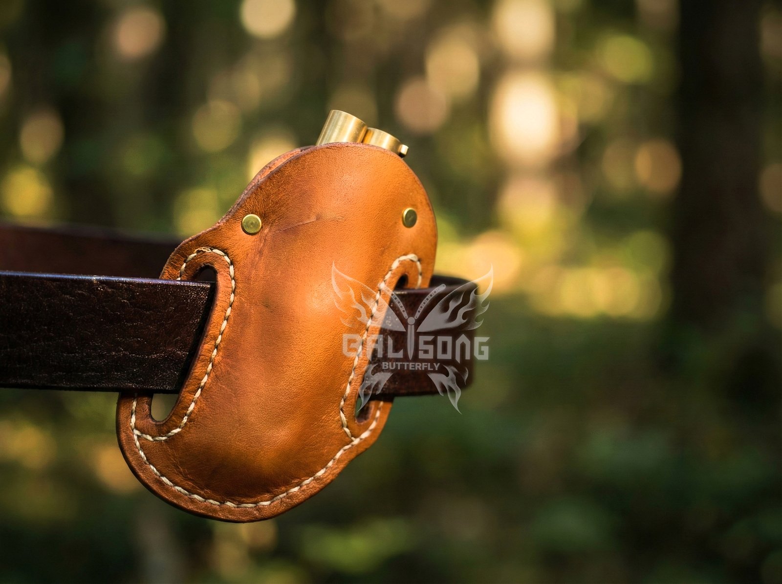 Handmade Damascus Steel Balisong Double Edge Knife| Stag & Copper Engraved Bolsters Handle | Premium Butterfly Knife with Leather Sheath BF-140 - Image 5