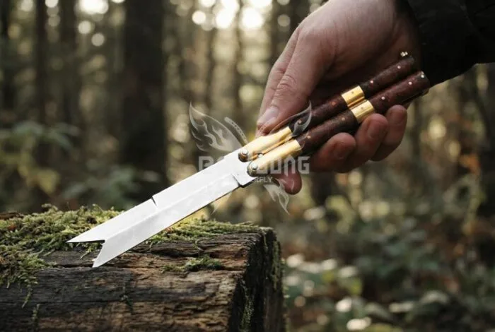 Handmade D2 Steel Balisong Knife with Rosewood & Brass Bolsters Handle, Custom Butterfly Knife with Leather Sheath BF...