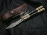 Handmade Damascus Steel Balisong Knife| Black Horn & Brase Engraved Bolsters Handle | Premium Butterfly Knife with Leather Sheath BF-145
