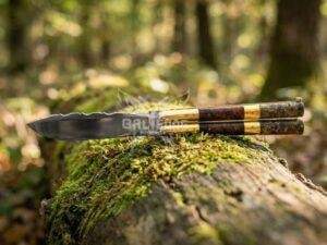 BF-135 drop point balisong butterfly knife, D2 blade, rosewood handle with brass bolsters