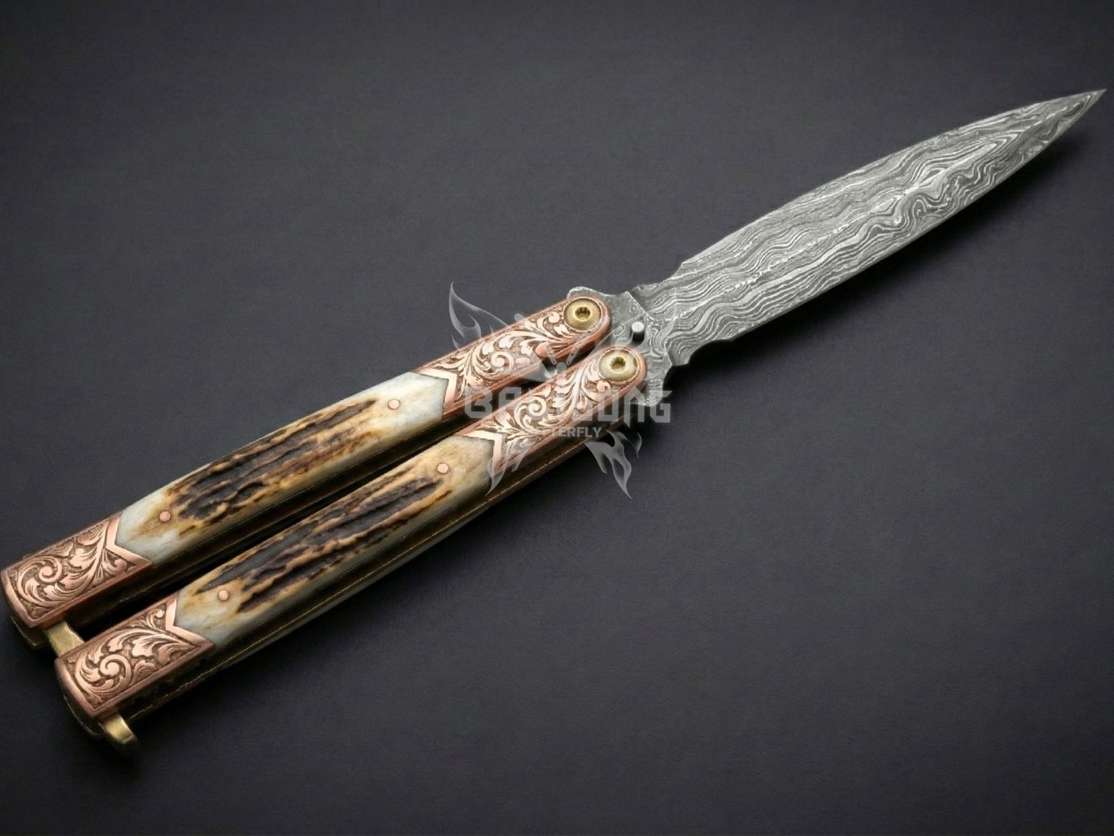 Handmade Damascus Steel Balisong Double Edge Knife| Stag & Copper Engraved Bolsters Handle | Premium Butterfly Knife with Leather Sheath BF-140 - Image 3