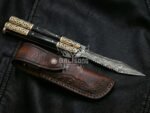 Handmade Damascus Steel Balisong Knife| Black Horn & Brase Engraved Bolsters Handle | Premium Butterfly Knife with Leather Sheath BF-145 - Image 4