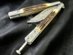 Handmade Damascus Steel Balisong Knife| Stag & Steel Engraved Bolsters Handle | Premium Butterfly Knife with Leather Sheath BF-147 - Image 2